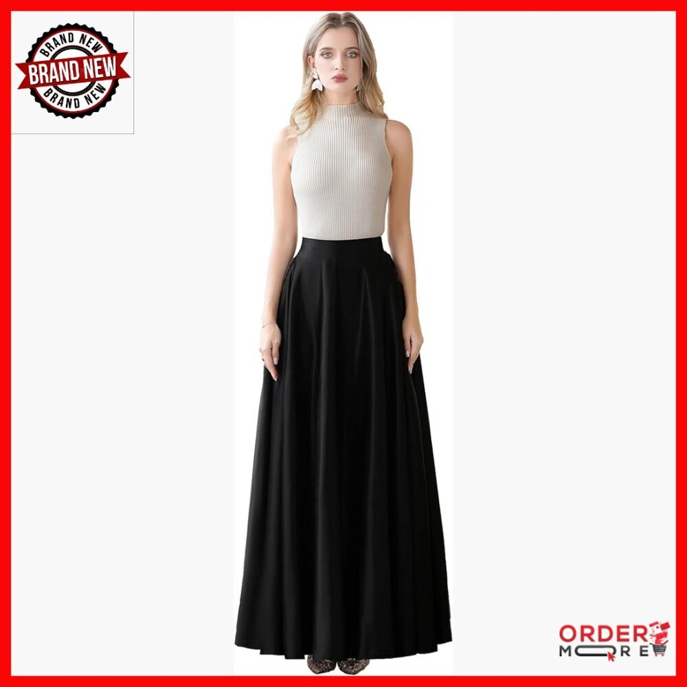 Long Formal A-Line Satin Skirt with Pockets Floor Length X-Large